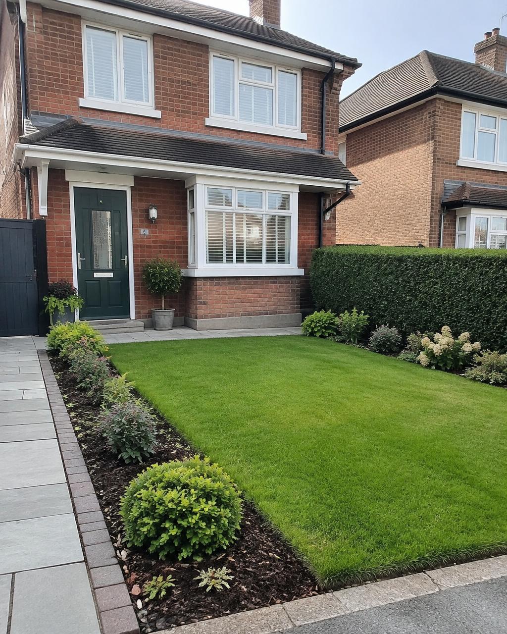 Freshly revamped front garden with new lawn and planted borders